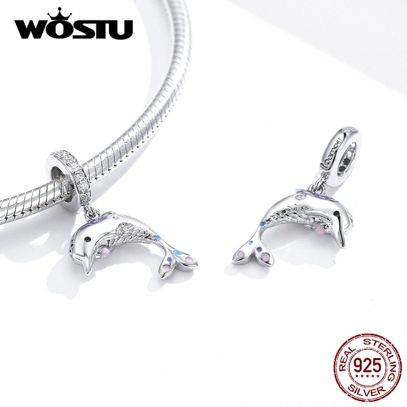 WOSTU Echt 925 Sterling Silber SchöNe Delfin Reize Zirkon Korn passen Original Armbinde Anhänger Für Frauen Schmuck CTC159