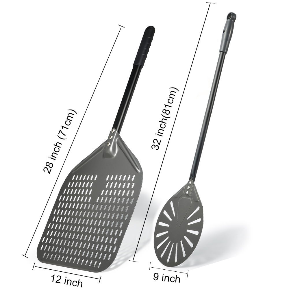SHANGPEIXUAN 12" Hard Anodized Pizza Peel with Pizza Turning Shovel Set Perforated Rectangle Aluminum Pizza Peel Silicone Handle: Beige