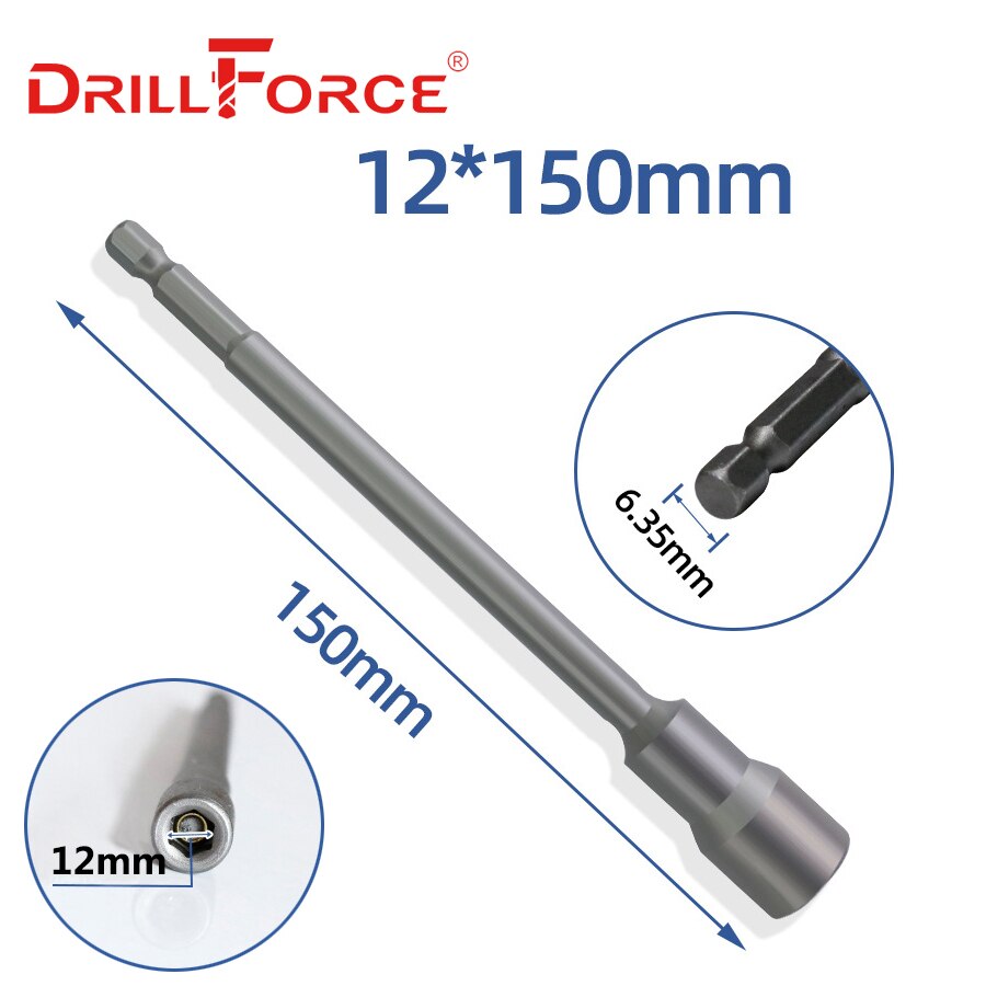Drillforce 5.5-19x150mm Magnetic Nut Driver Set Impact Socket Sleeve Adapter Screwdriver Drill Bit 1/4" Quick Change Hex Shank: 12x150mm