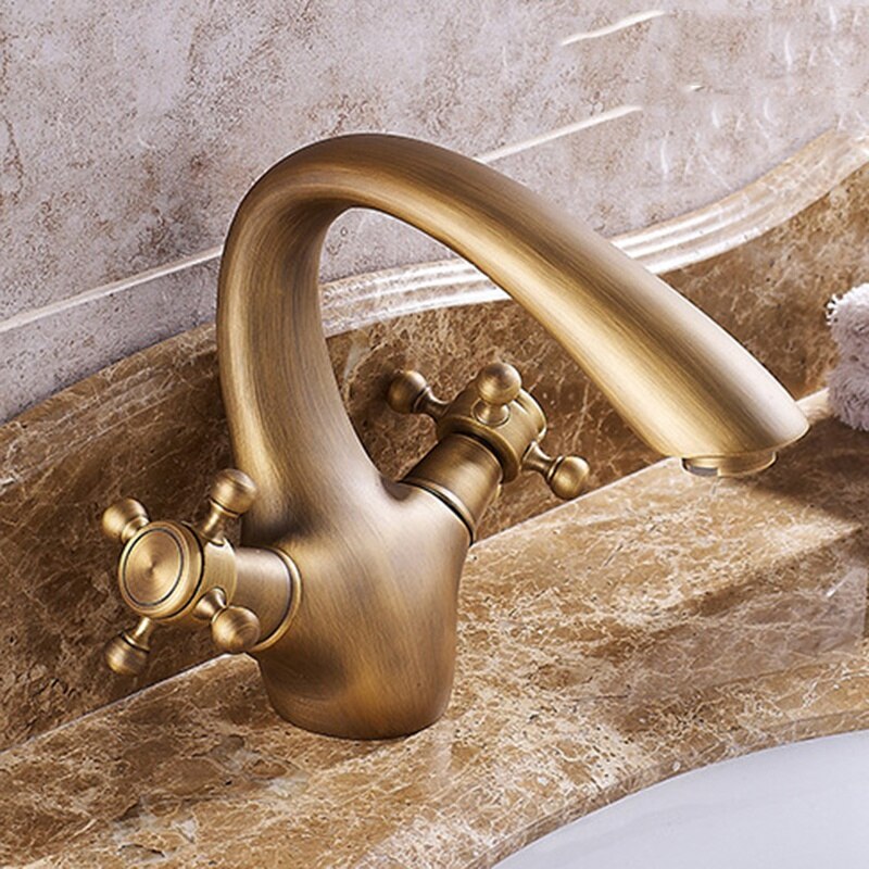 Antieke Kraan Warm En Koud Water Messing Brons Geborsteld Wastafel Kranen Badkamer Vintage Wastafel Dubbel Handvat Mixer