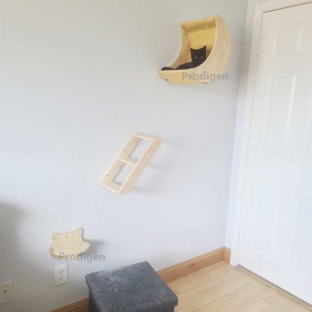 Estante para gatos, hamaca de pared, estantes de escalada en forma de luna y perchas, escalera, escalones de madera maciza para actividades, muebles de pared para gatos de interior