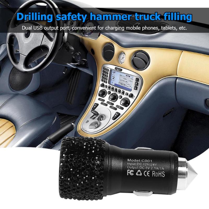 Auto 2 in 1 USB Dual Hafen Schnelle Ladung Auto Ladegerät Sicherheit Hammer Diamant Stil Dual USB Ausgang Hafen Bequem für Ladung Mobi