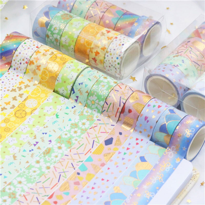 Cinta adhesiva decorativa Estilo Vintage para álbum de recortes, cinta adhesiva Washi de color negro y dorado para decoración de álbumes de recortes, papelería para diario, 10 unids/set por juego: 9