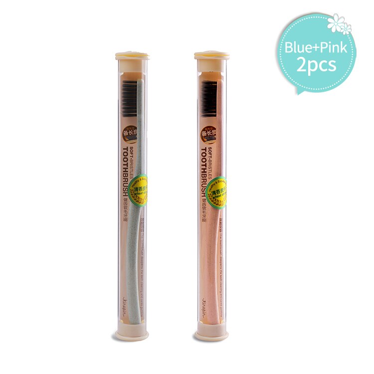 Kinepin 2 stk blød tandbørste for voksne, bærbar tandrensning af hvedehalm med trækulsbørste med rejsetaske: 2 stk blå pink