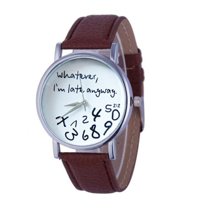 Simple Women Watch Ladies Dress Big Dial Leather Watches Whatever I Am Late Anyway Letter Watch for Students Reloj Mujer: Brown