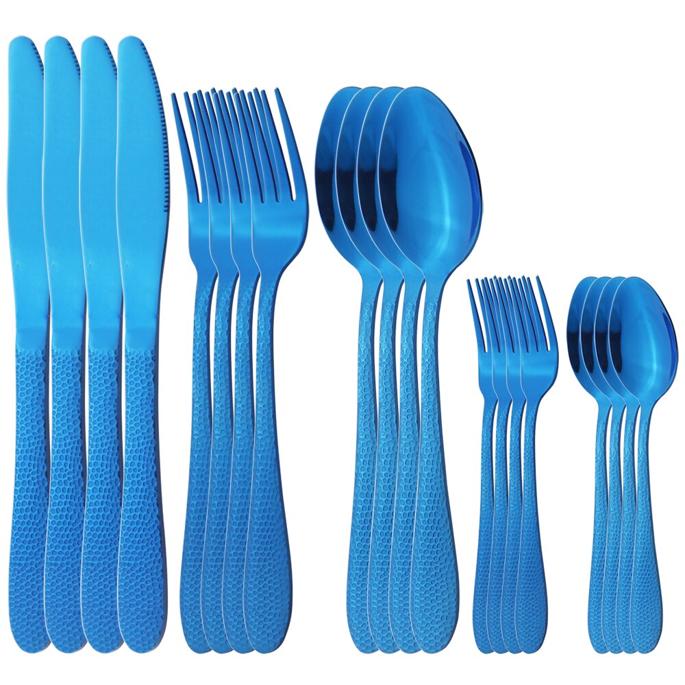 20Pcs Blue Flatware Dinnerware Set Knives Dessert Forks Spoons Cutlery Set Stainless Steel Tableware Home Kitchen Silverware Set: Blue