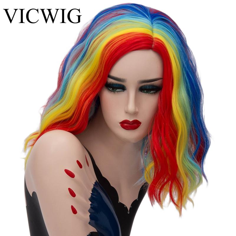 Vicwig Cosplay Pruik Voor Vrouwen Zwart Wit Groen Paars Blauw Stiksels Gradiënt Regenboog Kleurrijke Pruik Krullend Korte Synthetisch Haar