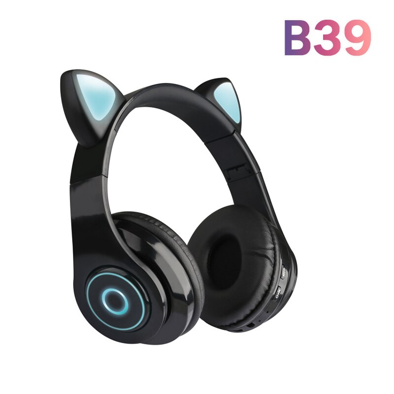 Cute Cat Ear Headphones Wireless Bluetooth 5.0 Adults Kids Girls Glowing LED Headset Support TF Card With Mic for: 01 black B39
