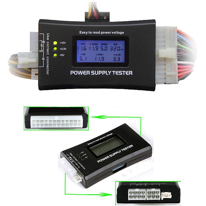 Probador de fuente de alimentación LCD de 20 + 4 pines para ATX, ITX, BTX, PCI-E, SATA, HDD