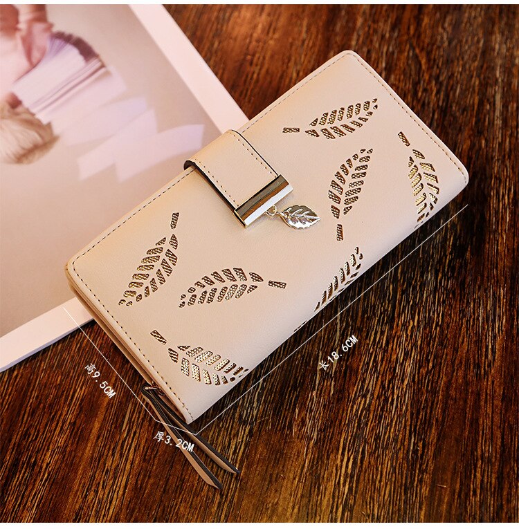 Women Wallet PU Leather Purse Female Long Wallet Gold Hollow Leaves Pouch Handbag For Women Coin Purse Card Holders Clutch: Khaki-1