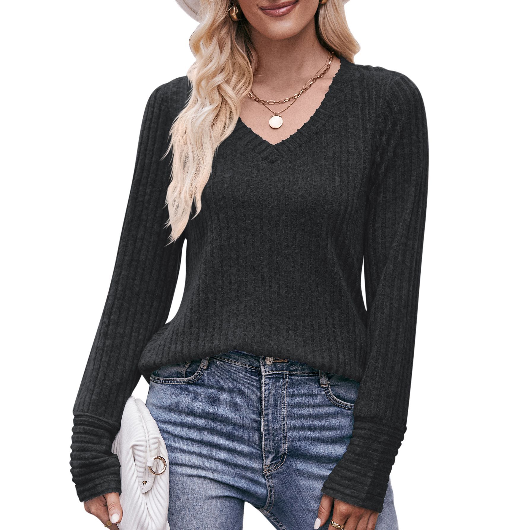 Herfst Winter Losse Casual V-Hals Pullover T-Shirts Dames Mode Eenvoudige Lange Mouw Onderkant Top Vrouwen T-Shirt Dames Kleding: L / Black