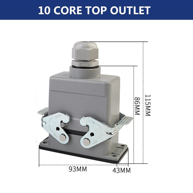 Rectangular Heavy Duty Connectors HDC HE 4 6 8 10 16 20 24 32 48 Core Pin 16A Waterproof Aviation Plug Top Side Line Connector: 10 core top line
