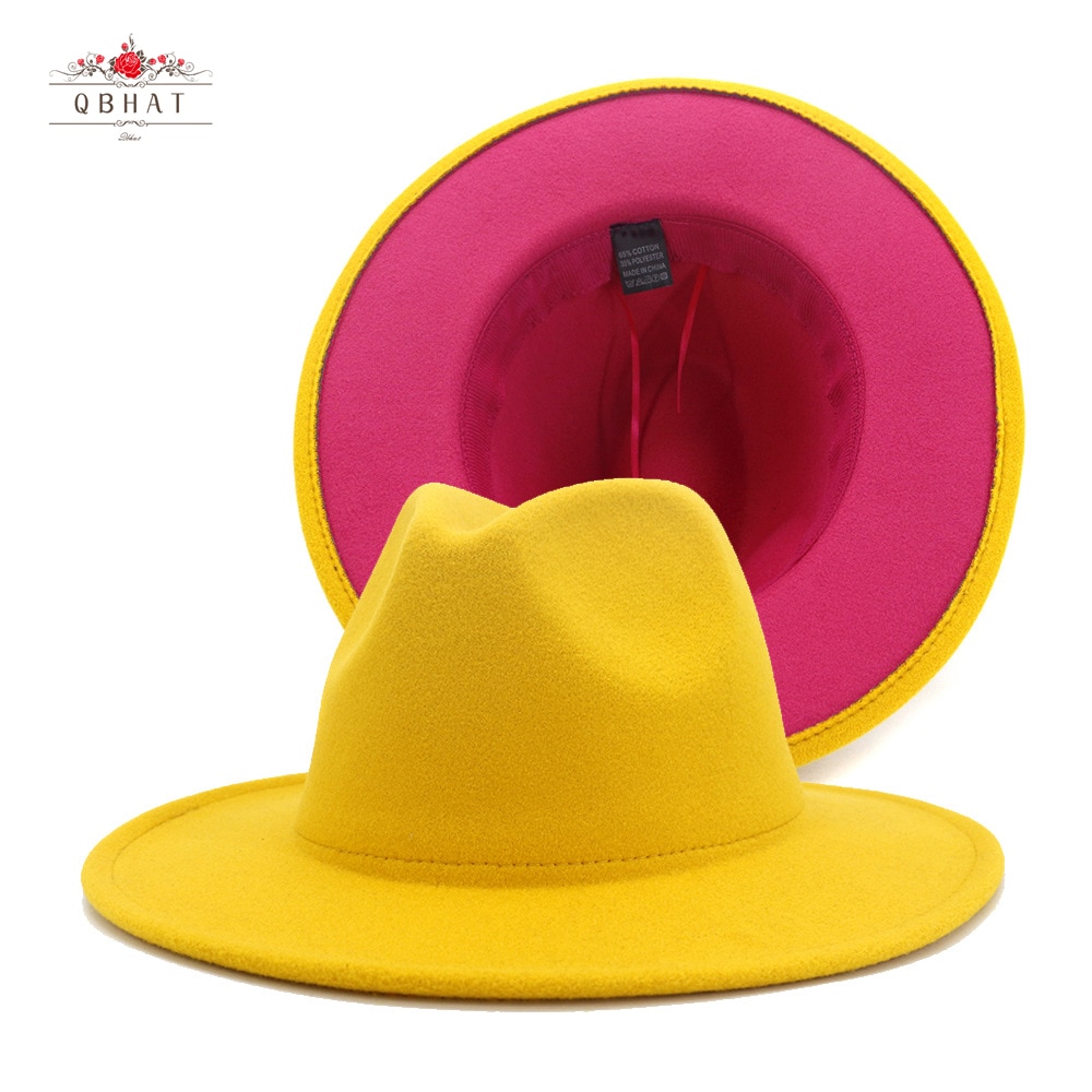 Qbhat Buitenste Geel Inner Pink Patchwork Jazz Vilten Hoed Vrouwen Mannen Brede Rand Panama Fedora Hoeden Met Vilt Band trilby Cap