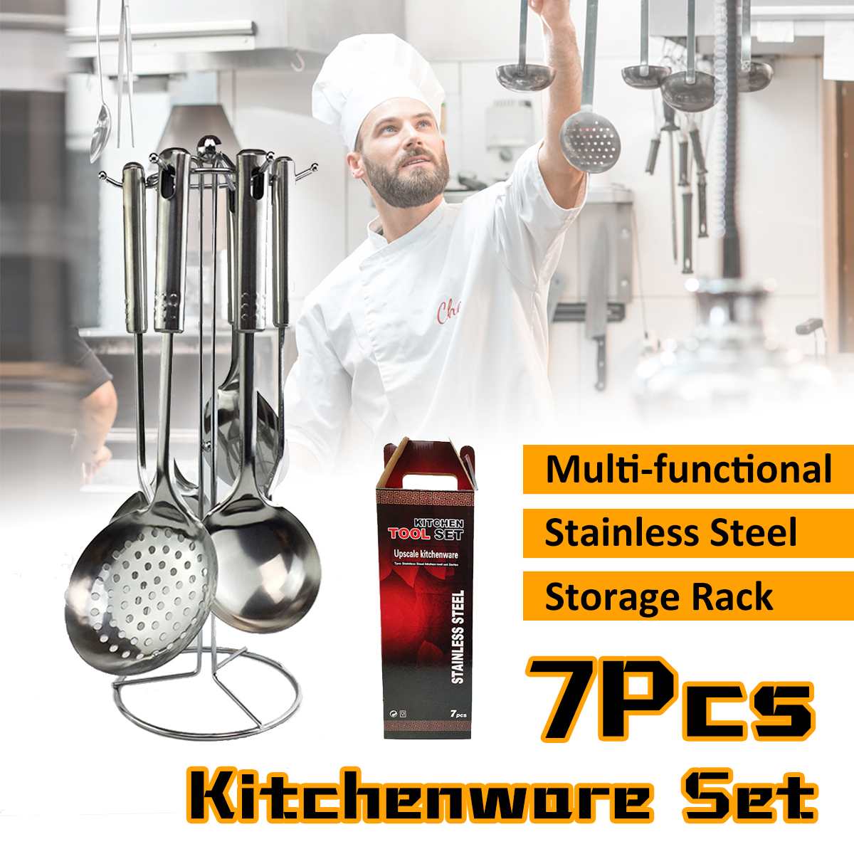 Kitchen 304 Stainless Steel Sink Supporting Upscale Kitchenware 7-piece Tool Set Rice Spoon Skimmer Flat Spatula Meat Fork Kit