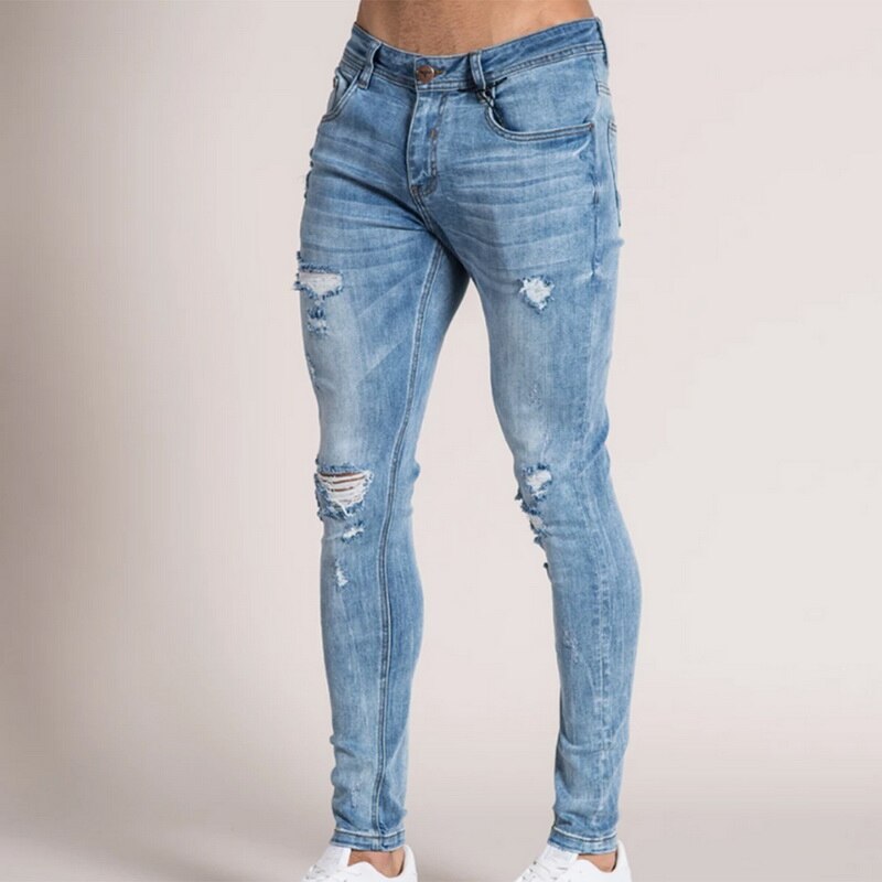Slitna jens byxor tvättade denim skinny jeansbyxor hip streetwear slim fit stretch biker jeans pencil jeansbyxor