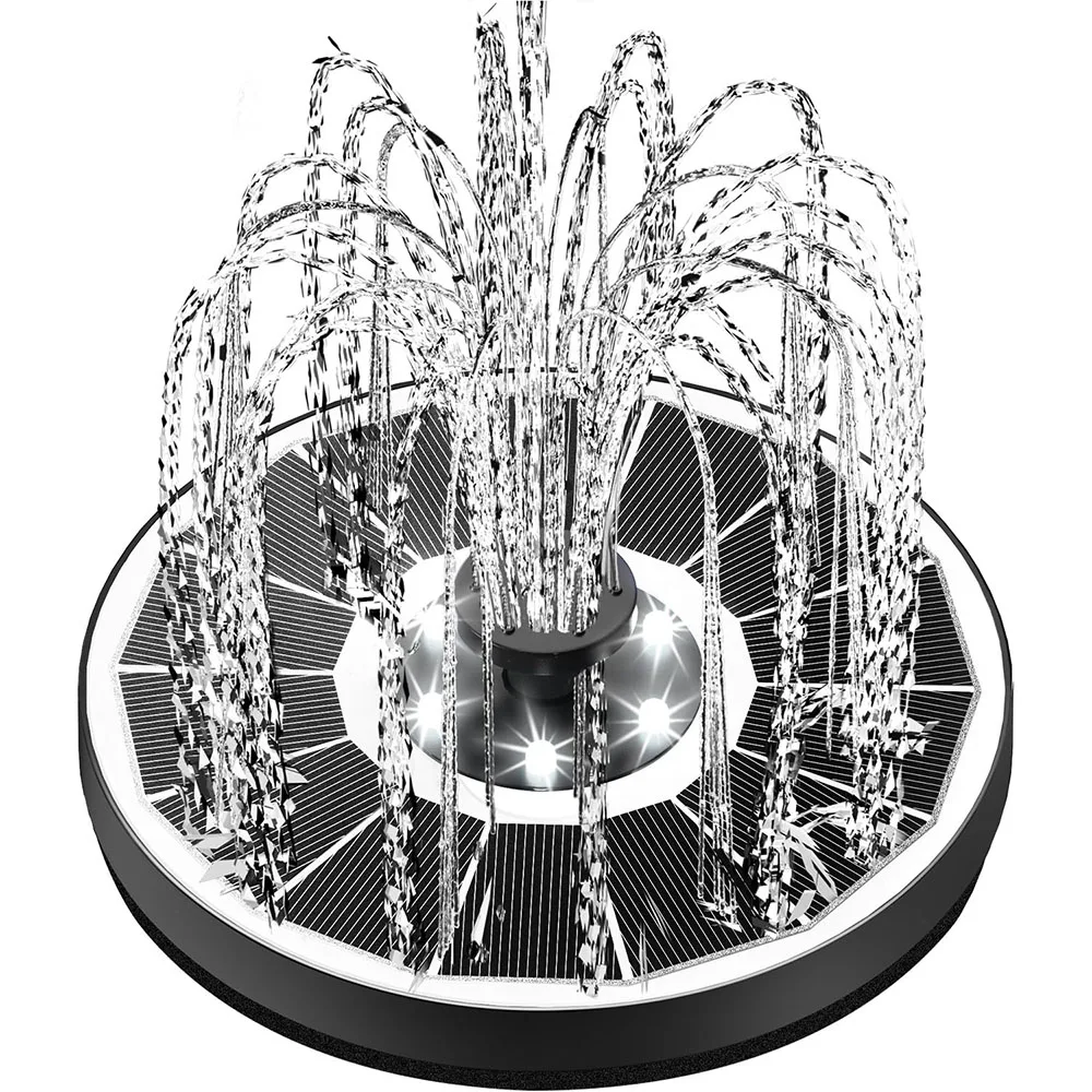 Zonne-fonteinpomp voor vogelbad met verlichting, 3,5 W zonne-waterfontein met 2200 mAh batterij, 6 mondstukken voor tuin, buiten: Black