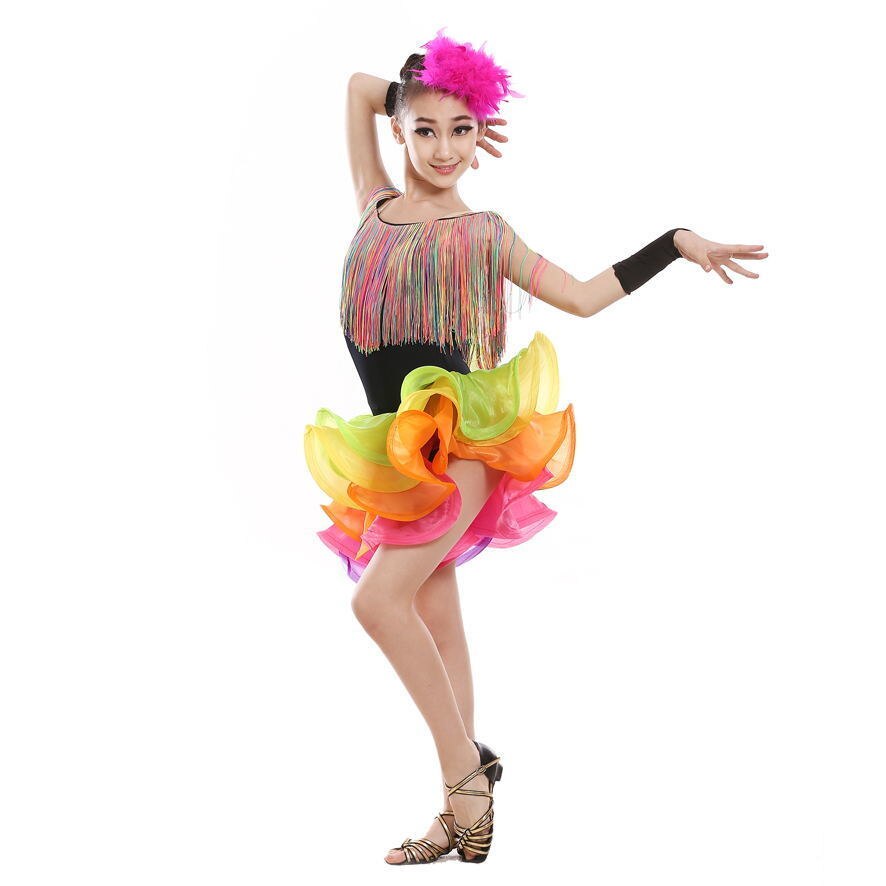 Vestido de baile latino con flecos para niñas, traje de baile latino con flecos de salsa, spandex, rumba, tango, salón de baile,