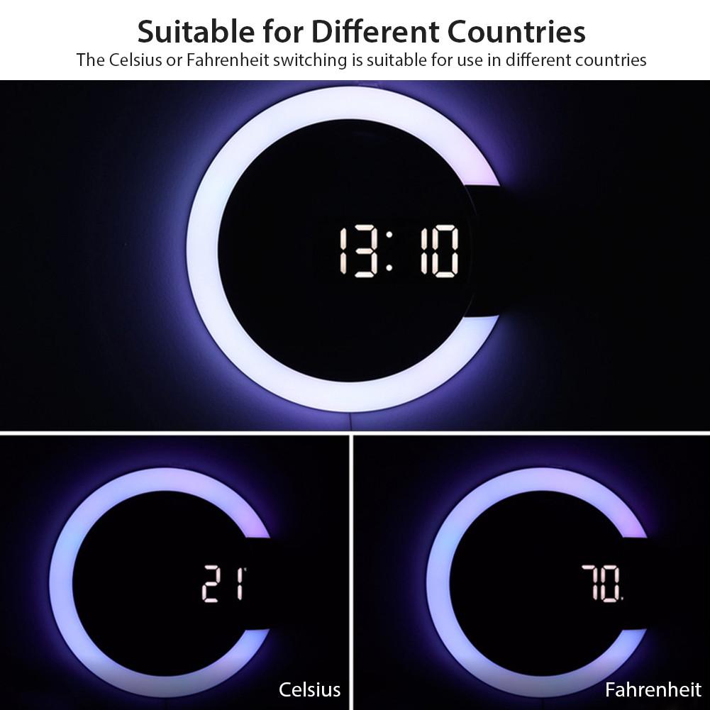 Wall Clock LED Mirror Multifunctional Light Alarm Clock With Temperature Display Ring Shaped Decoration Clock