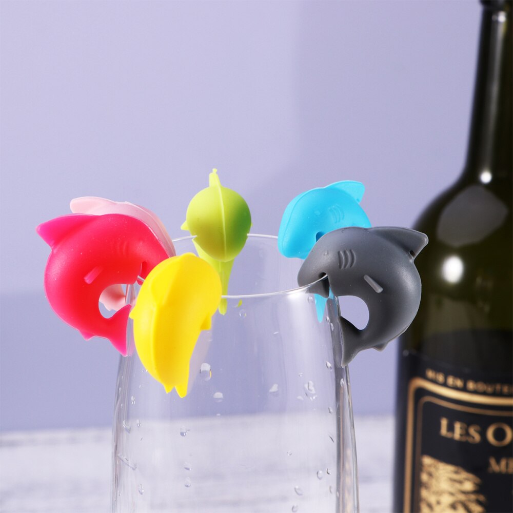 6 Pcs Glass Drink Markers Silicone Mini Shark Reusable Glass Charms Wine Bottle Sticker for Banquet