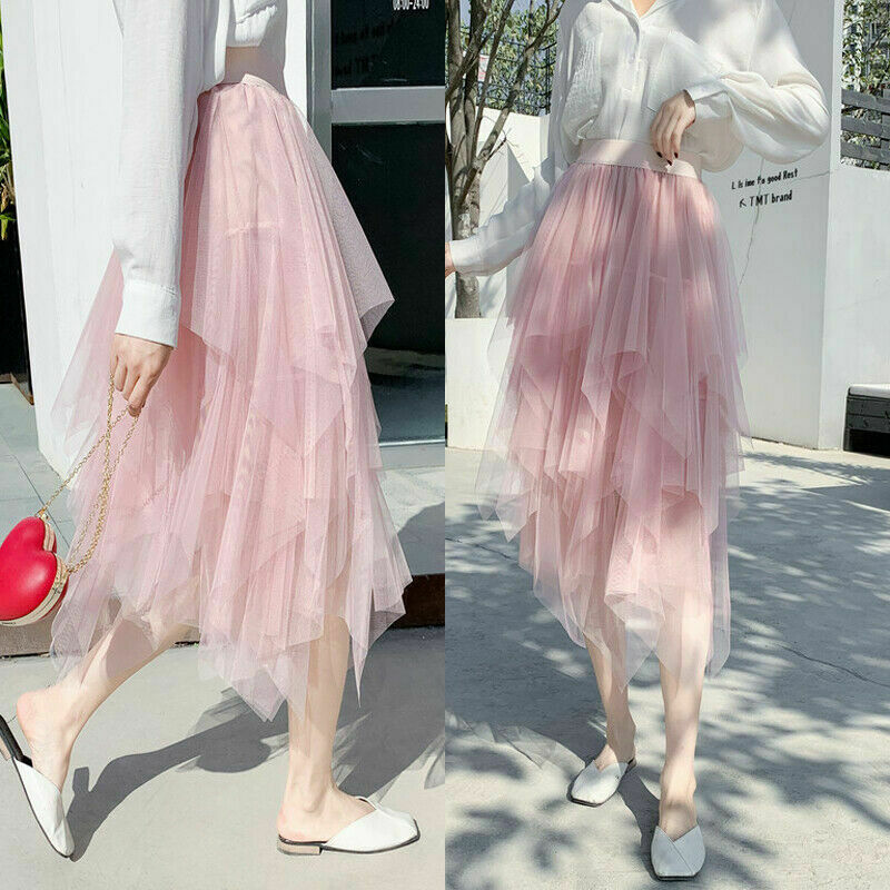 Vrouwen Tule Rok Elastische Hoge Taille Onderrok Ballet Onregelmatige Geplooide Maxi Rok Sheer Tutu Tule Rokken