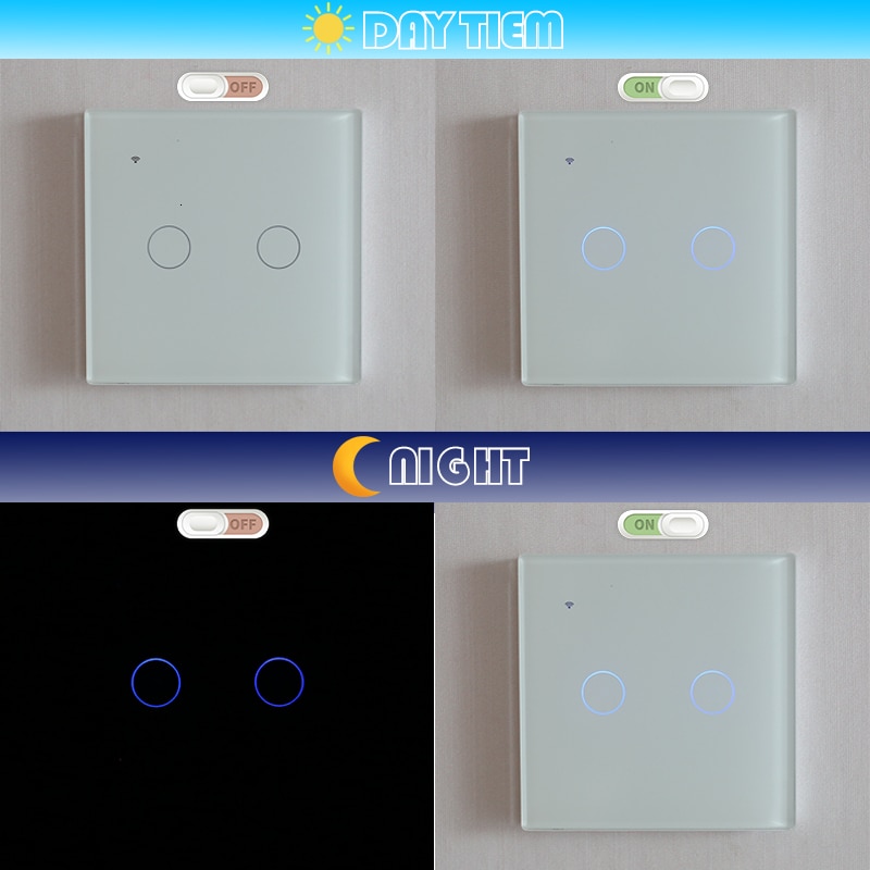 WIFI Touch Light Wall Switch White Glass Panel Blue LED EU & UK Universal Smart Home Phone Control 4 Gang 2 Way Round relay