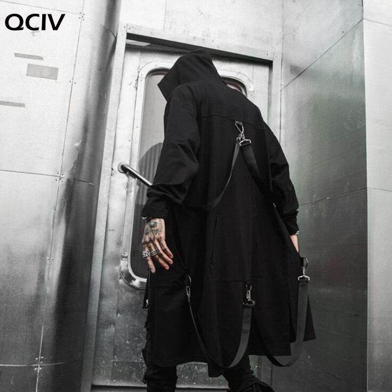 Gabardina larga con capucha para hombre, Chaqueta larga negra con cremallera, estilo hip hop, punk, con retales, para primavera y otoño