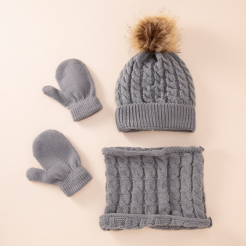 Gorros de lana para niños de 0 a 3 años, gorros de bola de lana de color puro, sombreros, bufandas y guantes cálidos para niños, conjunto de gorros para bebés: B4