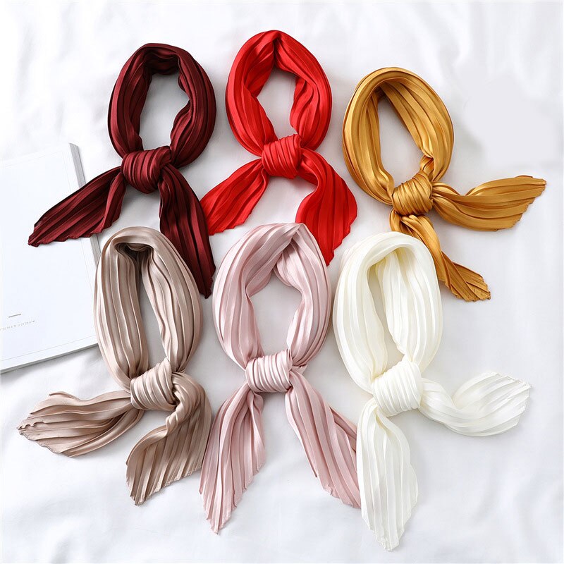 70*70cm satin plisseret lille ring tørklæde luksus ensfarvet silke hals tørklæder femme crinkle hårbånd tørklæder