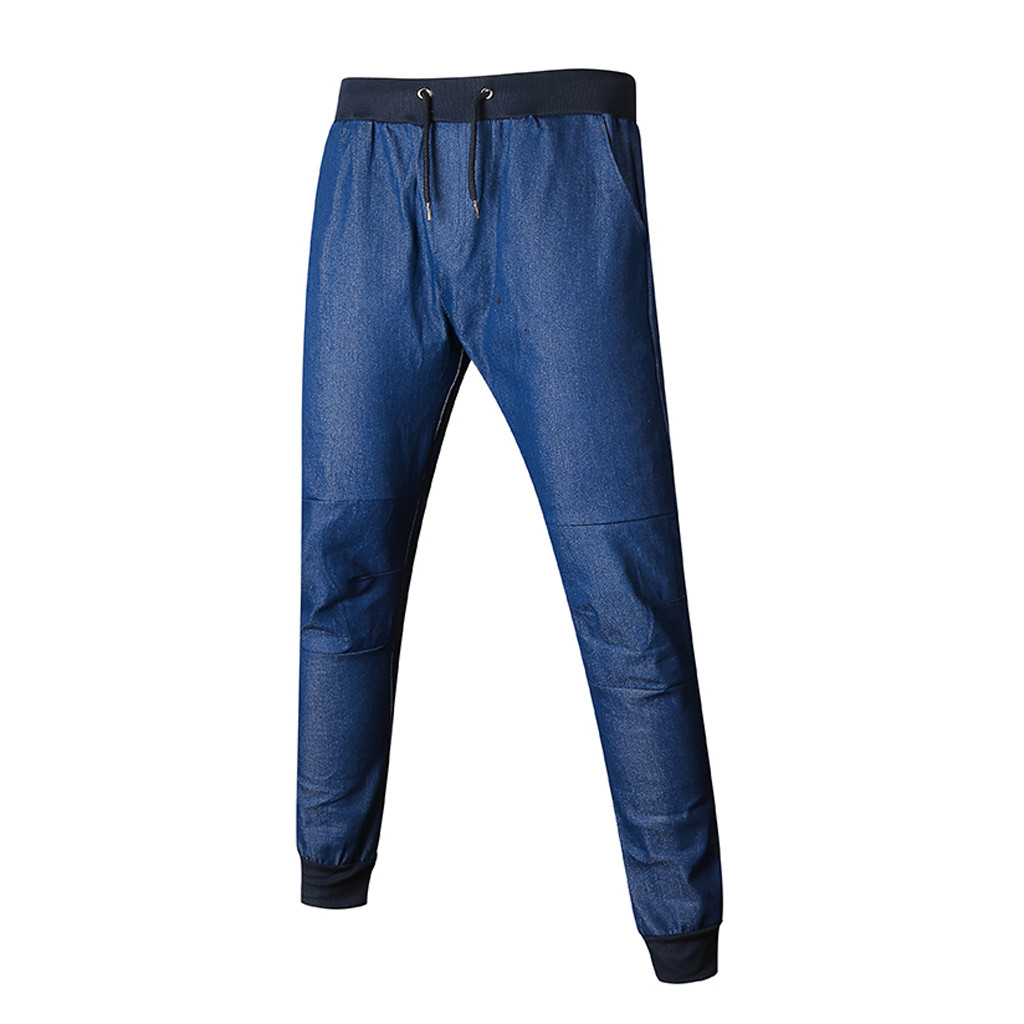 Pants Men SweatPants Mens Casual Fitness Bodybuilding Pocket Denim Skin Full Length Sports Pants Pantalones Hombre: Blue / L