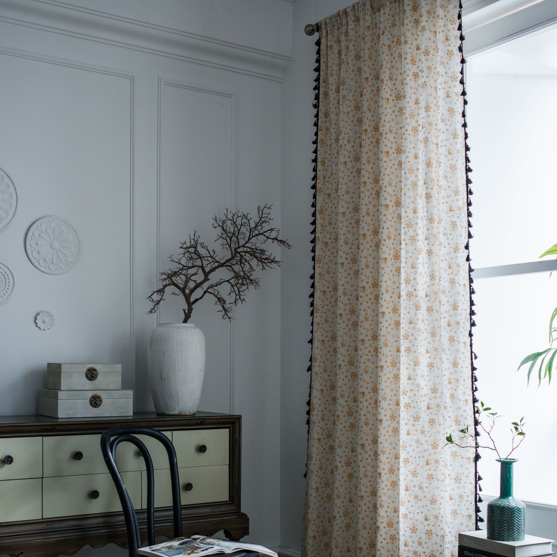 Luxe Witte Kerst Gordijnen Amerikaanse Katoen-Linnen Bronzing Chimes Gordijn Semi-Shading Erker Decoratie Woonkamer