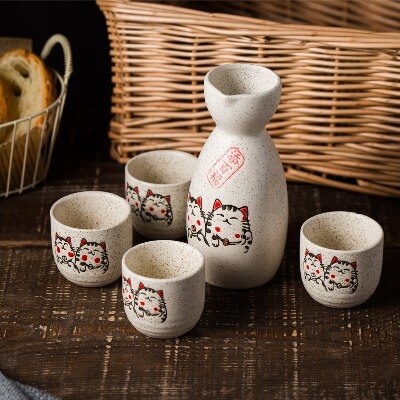 5 Pcs Ceramic Japanese Sake Set Bottle Cups With Cork Stopper Bar Crockery Wine Warm Sets 16 Pattern Wood Tray: E