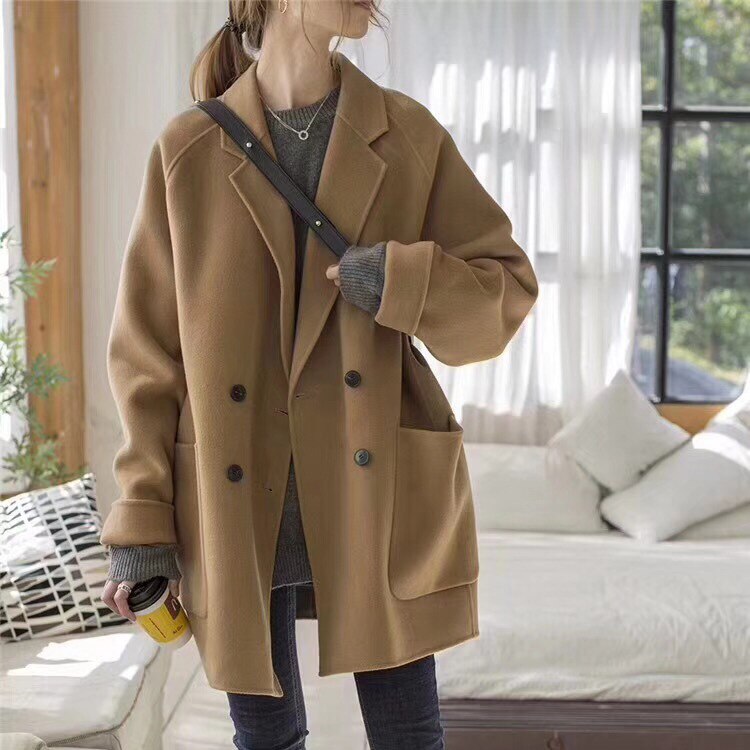 ¡Novedad de otoño ! Abrigo de mujer de lana con forma de capullo, holgado, minimalista, coreano, doble botonadura: Beige / L