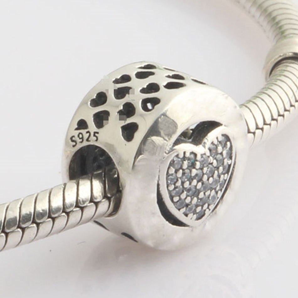 Authentic S925 Sterling Silver DIY Jewelry Signature Heart Charms fit Pan Bracelet Bangle Berry Clear CZ
