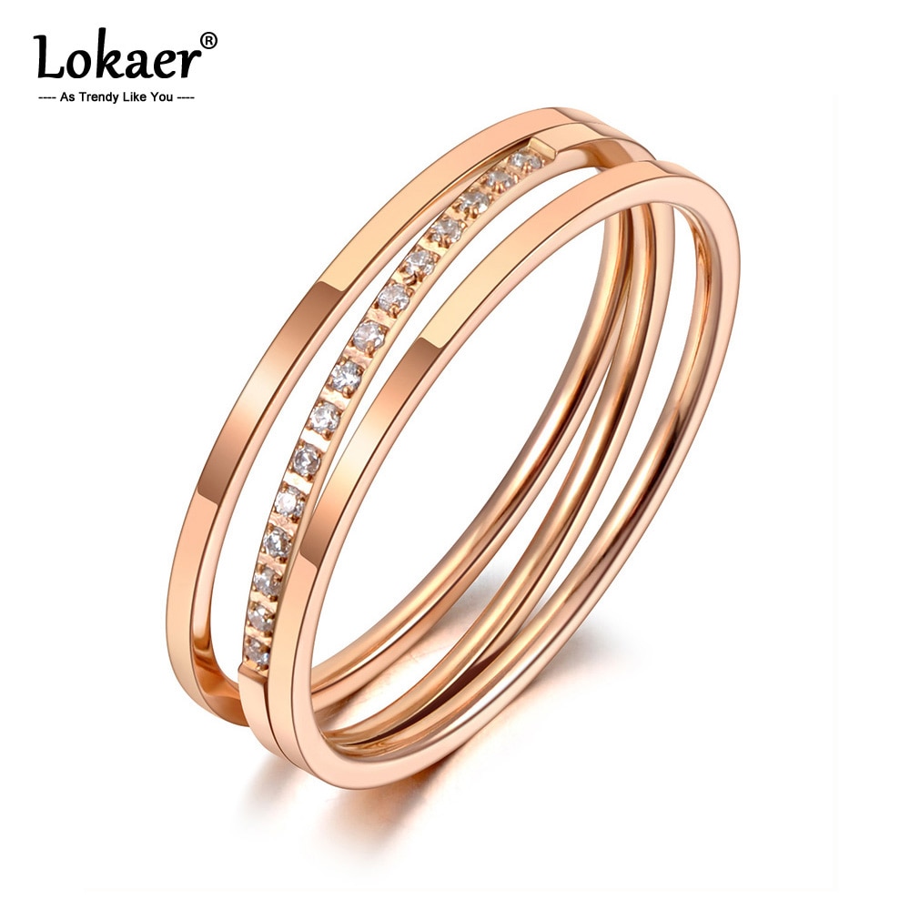 Lokaer Titanium Stainless Steel Mosaic Rhinestone Cross Rings Luxury Rose Gold CZ Crystal Wedding Ring For Women R20032