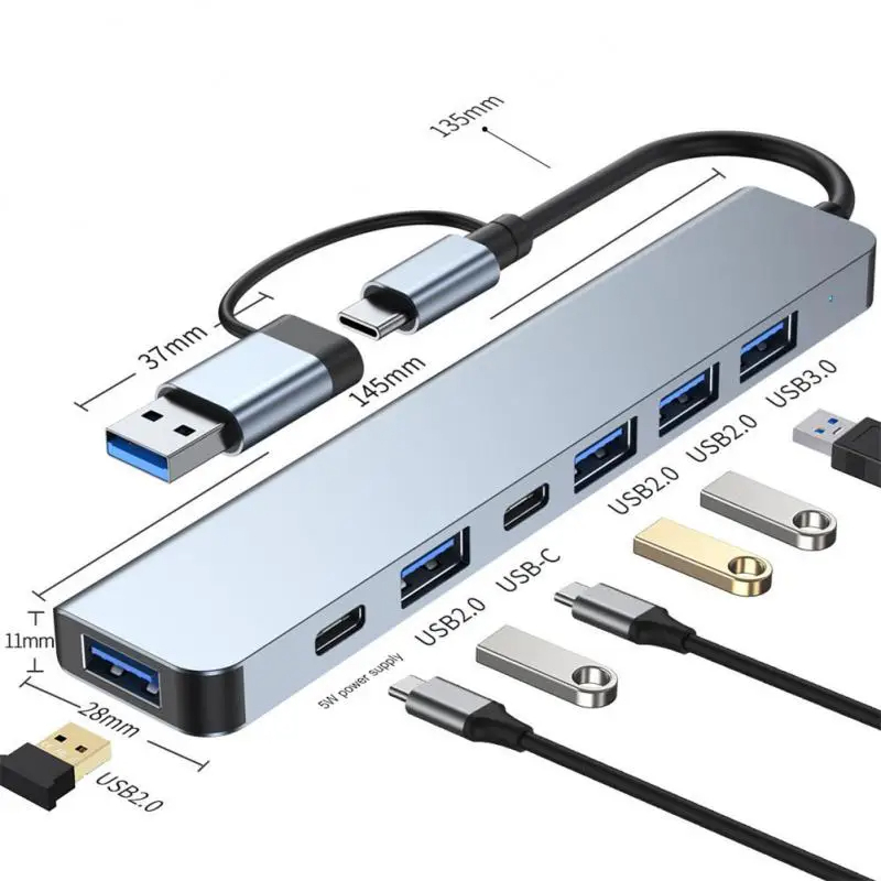 Hub USB-C 8 em 1 com adaptador de áudio, leitor de cartão Micro SD, conversor de disco para laptop, tablet e celular.