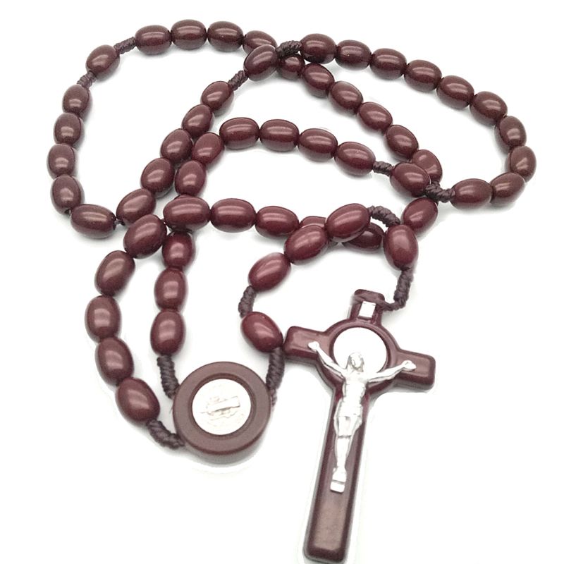 Jesus træperler 8mm rosenkrans perle kryds vedhæng halskæde vævet reb kæde smykker tilbehør: Kaffe