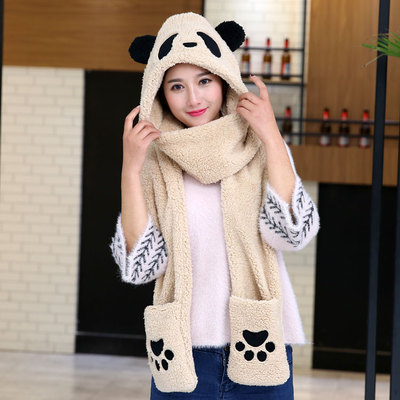 3 in 1 functies dier cartoon koraal fleece sjaal winter mooie panda muts met handschoenen voor kinderen volwassenen kerst: Volwassen beige