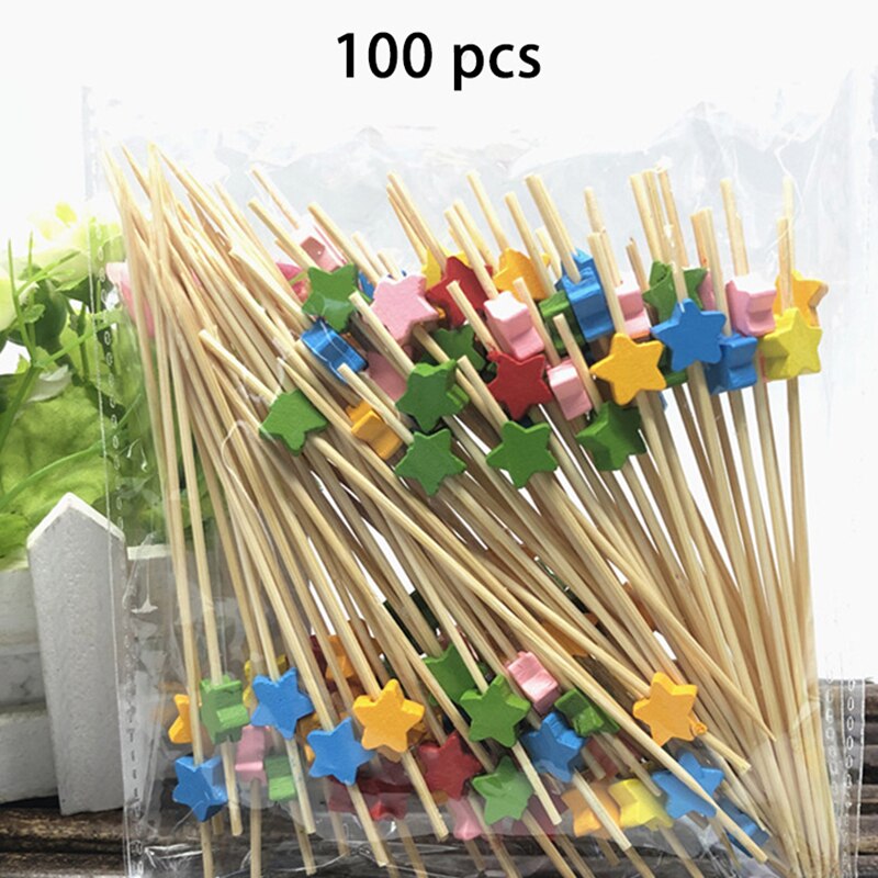 100 Stks/pak Cupcake Fruit Vork Draagbare Bamboe Party Dessert Stok Reizen Accessoires Liefde Patroon Voor Bruiloft Decor Wegwerp: color pentagonal