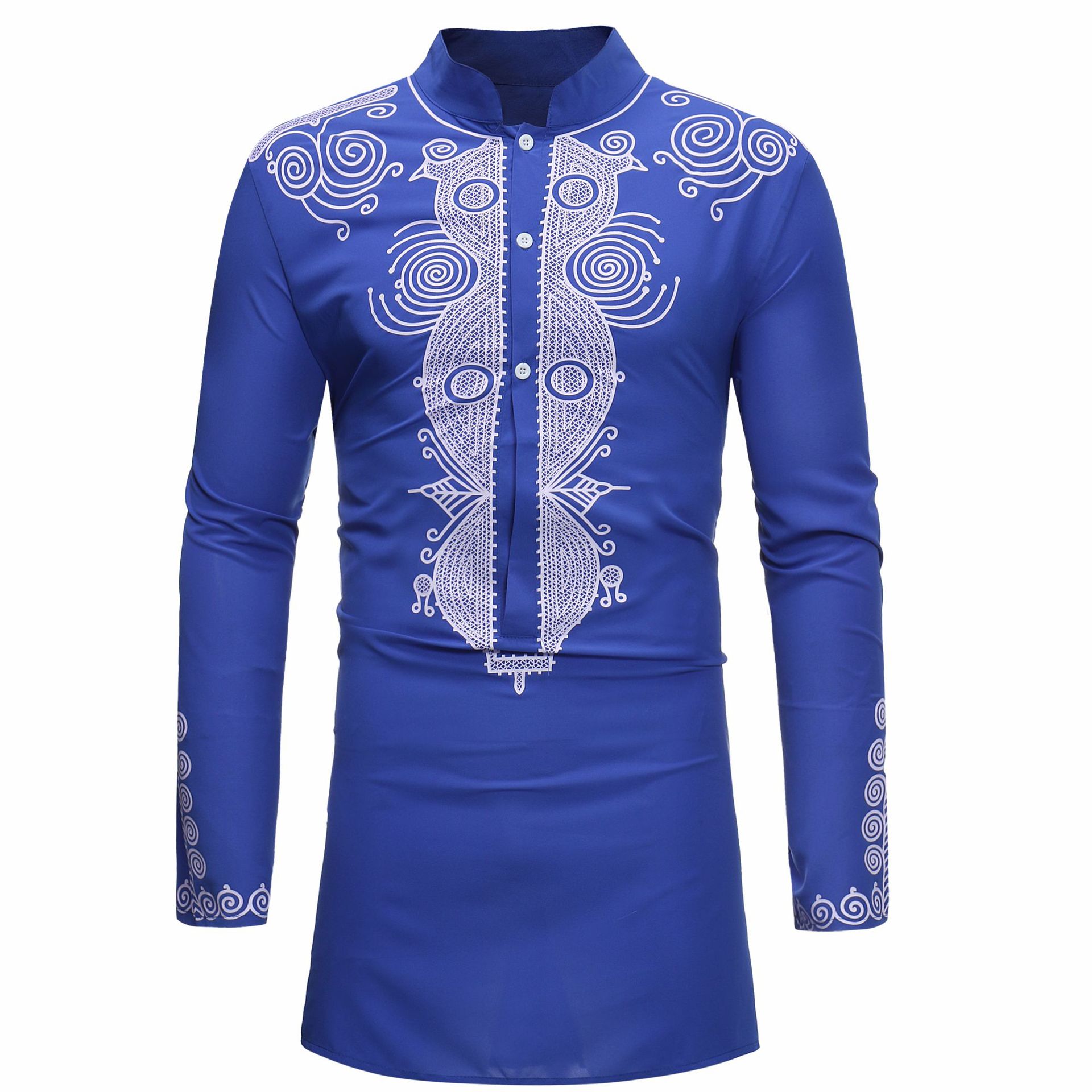 Herre afrikansk sort gyldent dashiki print med lange ærmer knap skjorte høj krave tribal folk slids tunika toppe til voksen plus størrelse: Blå / M