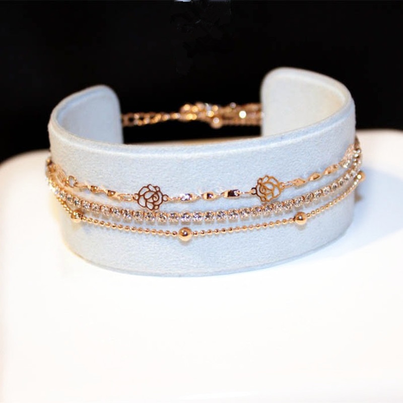 Charmwin 3 Layers Full Rhinestone flower Bracelets Women Rose Gold Color Jewelry Camellia Charm Bracelets & Bangles S096