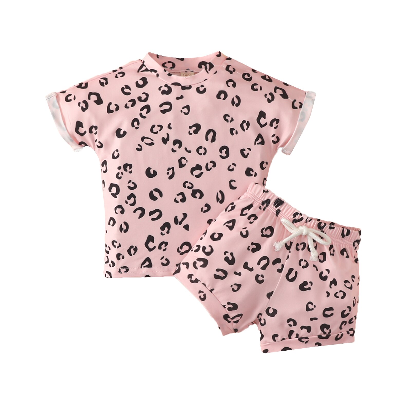 Pantaloncini estivi per neonate per bambini neonati completi girocollo manica corta stampa leopardo pantaloncini elastici in vita: Colore rosa / 2T