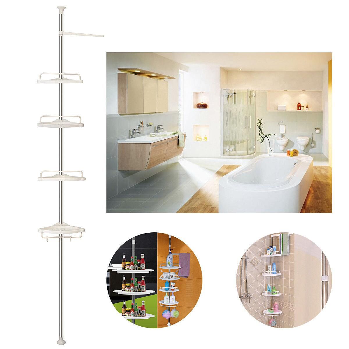 Estante de ducha de esquina telescópico ajustable de 4 niveles, estante organizador Caddy de acero inoxidable + poste libre de óxido PP 192-310cm
