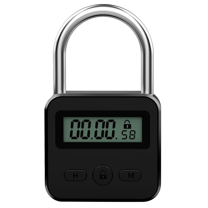 Metal Timer Lock LCD Display Multi-Function Electronic Time 99 Hours Max Timing USB Rechargeable Timer Padlock: Black