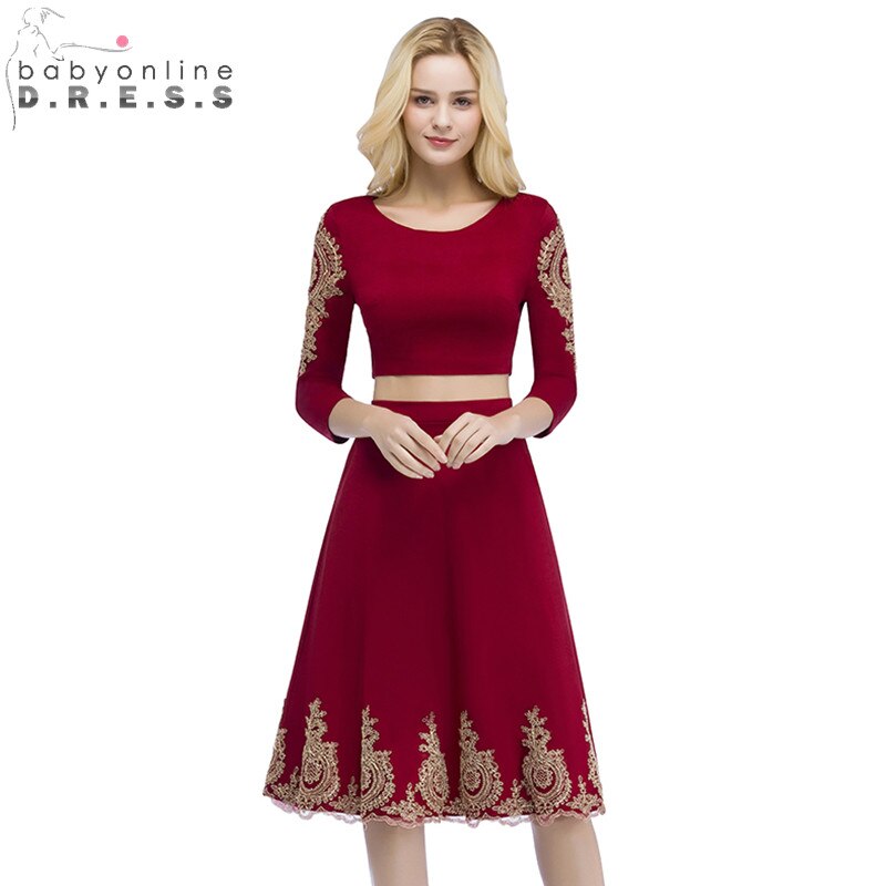 Babyonline Two Piece Burgundy Lace Short Evening Dress Robe de Soiree Courte Evening Gowns Vestido de Festa