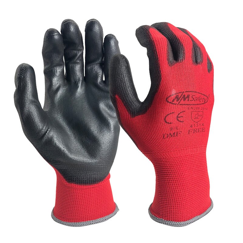 Guantes de trabajo de seguridad con manómetro 13, manoplas de nitrilo PU recubiertas de nailon rojo, 24 unidades/12 pares: M