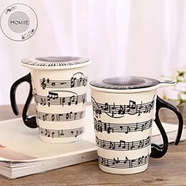HOMIE Unique handle ceramic cup free spectrum coffee milk tea cup personality mug with Cup lid musical instrument: B05 Music staves