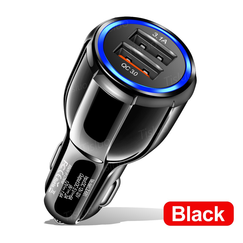 Chargeur de voiture QC 3.0 3.1A, pour iPhone 11 Pro 7 8 Plus, Xiaomi, Samsung, adaptateur de téléphone portable, affichage LED, USB: Black