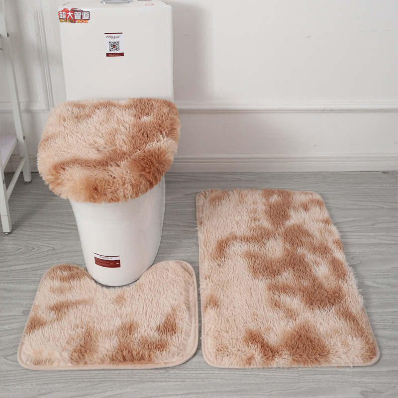 3pcs/set Tie-Dye Colorful Bathroom Mat Set Non-slip Bath WC Carpets Rectangle U-shape Bathroom Toilet Rugs And Lid Cover Kit: khaiki