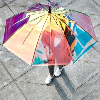 Plast pvc holografisk paraply regn solskærm langt håndtag gennemsigtig paraply