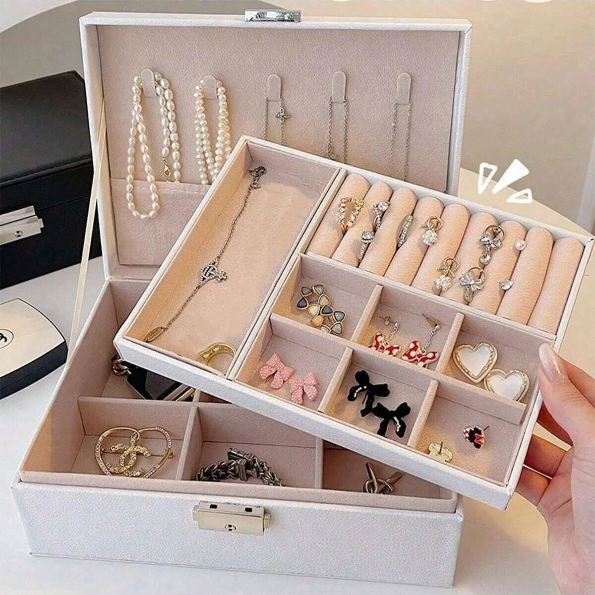 Dubbel smyckeskrin örhängen halsband ring smyckeskrin smyckeförvaringsask smyckeskrin smyckeorganisatör smyckeskrin